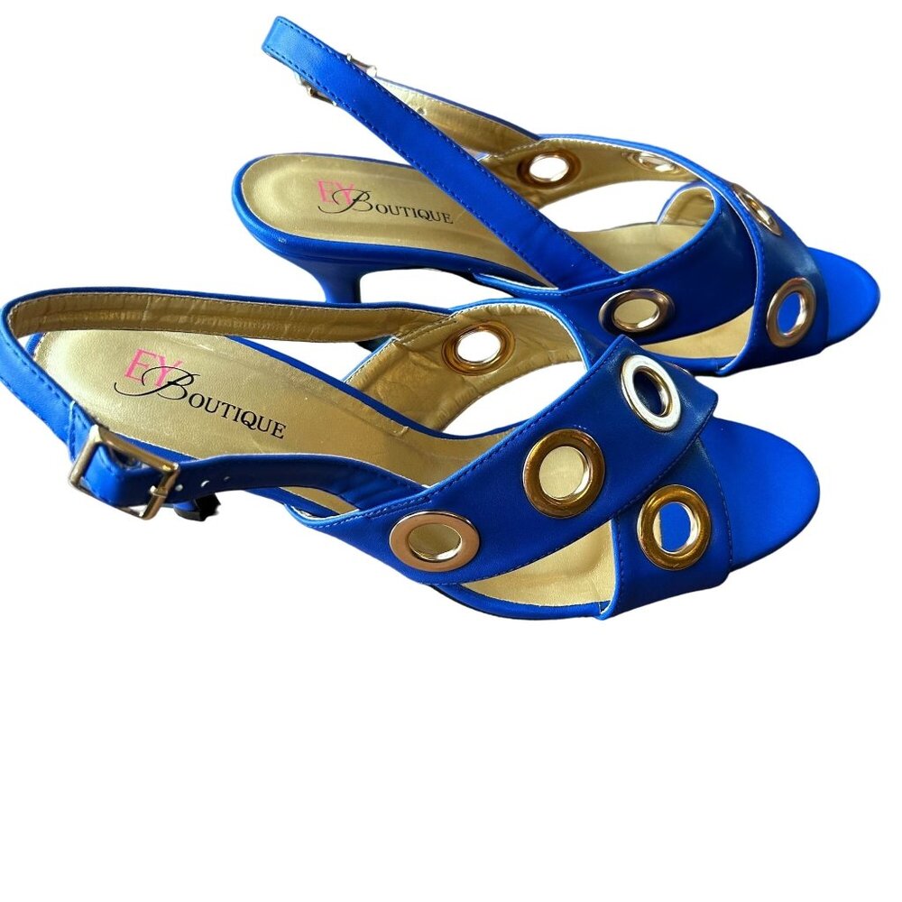 EY Boutique Strappy Blue Sandal Gold Grommets and Trim Size 11W